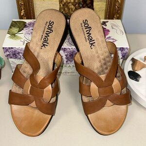 softwalk 8M Tan Brown Leather Slip On Support Soles Comfort Sandals